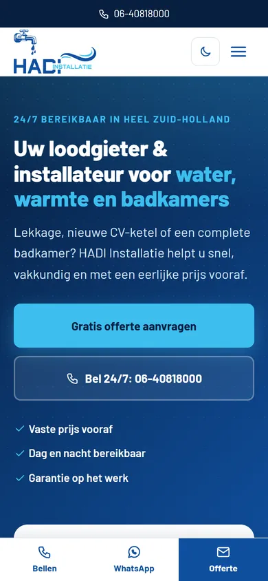 Website van HADI Installatie — mobiel