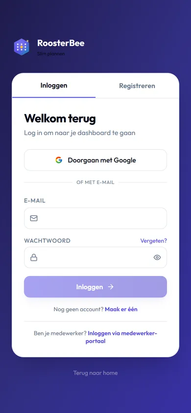 Dashboard van RoosterBee met snelle acties en het volledige menu — mobiel