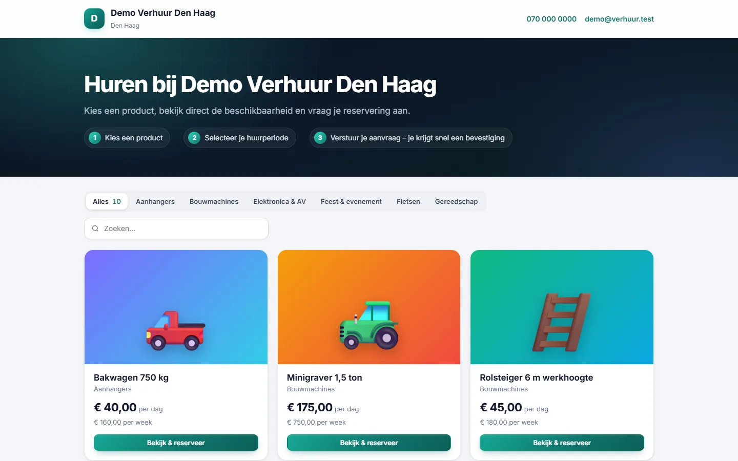 Online catalogus van een verhuurder