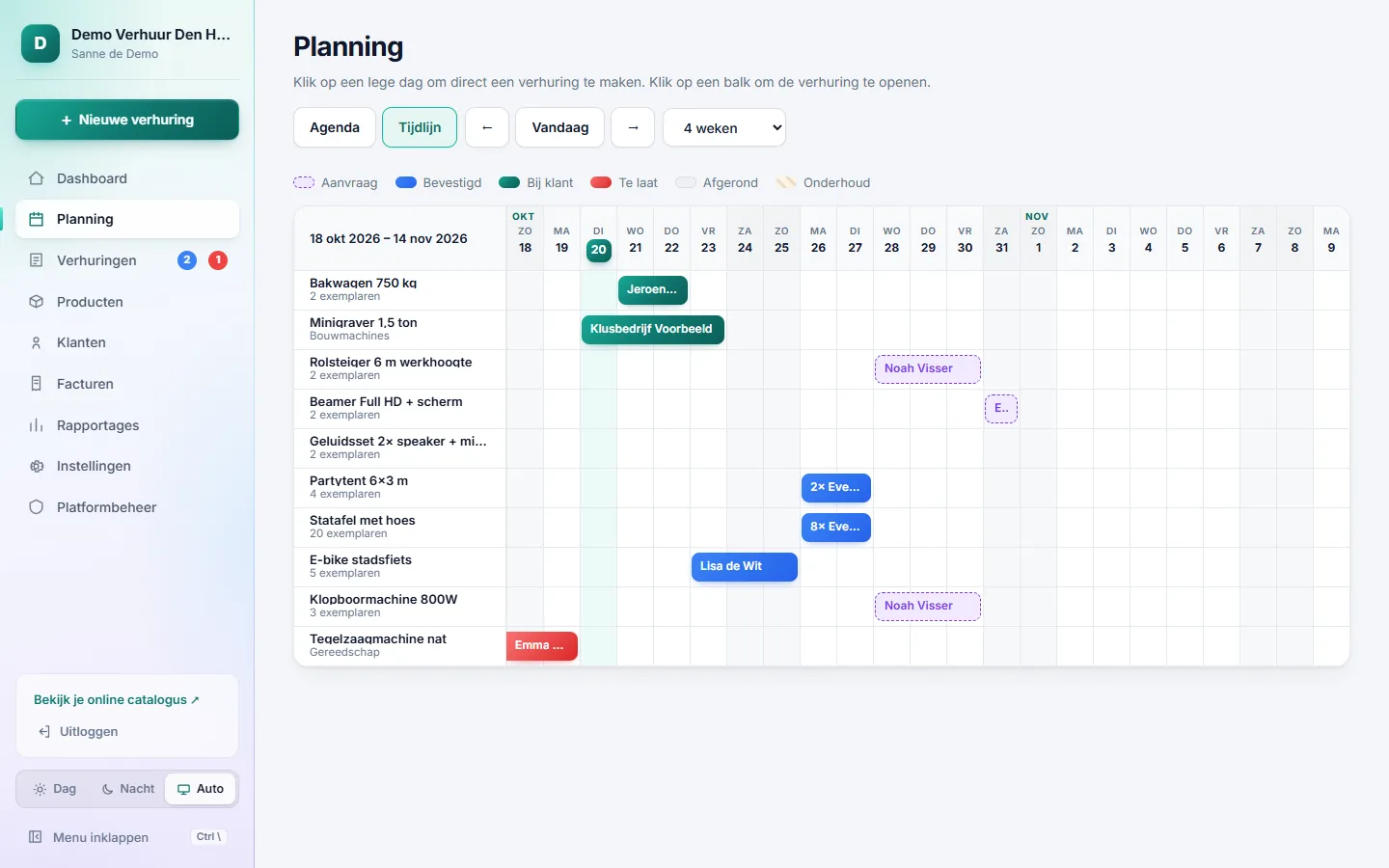 Verhuurplatform: planning en online catalogus — desktop